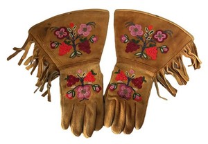 LLR - Vintage Beaded Leather Gauntlet Gloves - Floral Fringe Pair