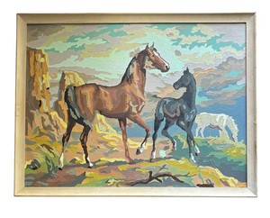 LLR - Vintage Framed Paint by Number Horse Artwork