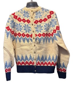 LLM - Vintage Blue, Red & Cream Knit Cardigan Sweater