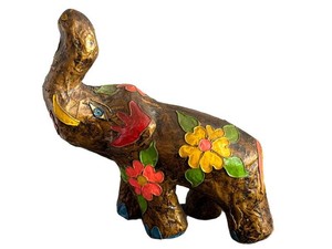 K - Paper Mache Elephant Figurine - Vintage Floral Decor 14.5in
