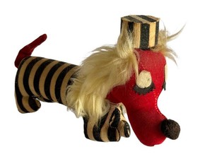 Vintage Stuffed Dachshund Plush Toy Striped Fabric