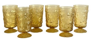 K - Vintage Amber Crinkle Glass Footed Tumblers (Lot of 6)