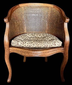 LR - Vintage French Louis XV Caned Barrel Armchair - Fauteuil De Bureau