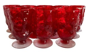 LR - Water Goblets - Vintage Morgantown Ruby Red Crinkle Glass 12-Piece Set