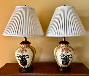 LR - Pair of Table Lamps - Floral & Striped Ceramic