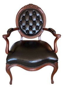 LR - Vintage French-Style Accent Armchair - Carved Wood & Black Leather
