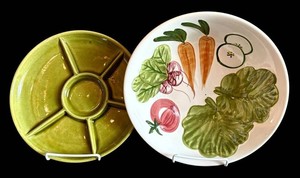 DR - Vintage Serving Bowls - Hand-Painted Vegetable & Olive Green Divided Dish (2pc)
