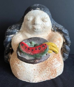 K - Mexican Pottery Figurine Woman With Fruit Basket