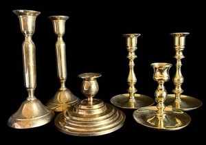 LR - Vintge Brass Candle Holders - Mixed Group of 6
