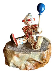 DR - Vintage Ron Lee Signed Seated Clown Figurine with Blue Balloon - Hand-Painted Metal & 24K Gold Accent on Onyx Stone Base