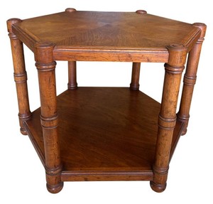LR - Vintage Hexagonal End Table - Heritage Two-Tier Wood Table