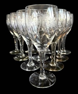 K - Vintage Wine Glasses - Clear Etched Floral 10pc, 7in Tall