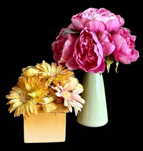 LR - Faux Flower Arrangements - Wooden Crate & Green Ceramic Vase (Lot of 2)