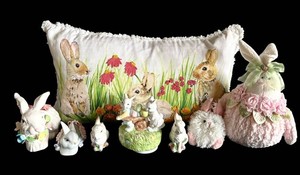 LR - Easter Bunny Decor Mixed Lot - Isaac Mizrahi Pillow & Ceramic Rabbits
