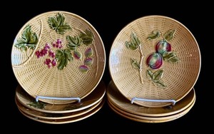 K - Vintage Ceramic Majolica-Style Fruit Plates - Grape & Apple (Lot of 8)