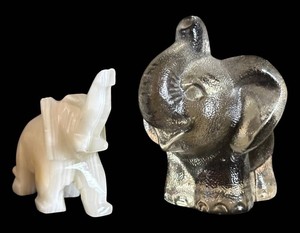 DR - Decorative Elephant Figurines - Carved Stone & Glass Pair