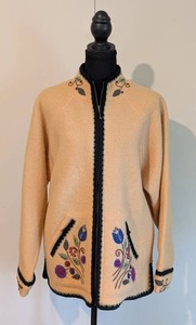 MB - Womens Sweater - Icelandic Design Embroidered Zip-Front Jacket Size L