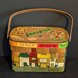 MB - Vintage Caro Nan Woven Wood Hand Painted and Decoupage Purse