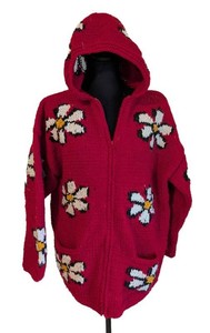 MB - Vintage Womens Wool Sweater - Ecuador Hand-Knit Floral Hooded Cardigan Large