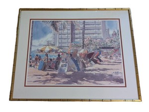 B2 - Beach Scene Watercolor Painting Surfboards, Waikiki by Nancy Poes