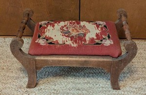 O - Footstool - Vintage Needlepoint Upholstered Wooden