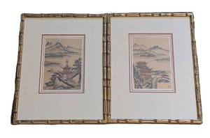 Framed Asian Landscape Prints - Pagoda Scenes, Pair