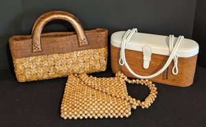 MB - Vintage Purses - Woven, Shell Embellished & Wooden Bead 3-Piece Group