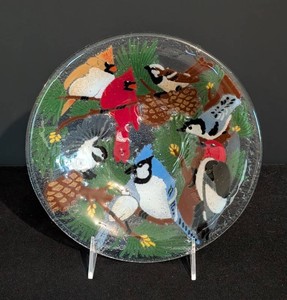 O - Fused Glass Bowl - Peggy Karr Bird & Woodland Motif