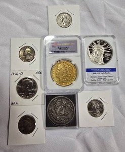 Mixed U.S. Coins & Replica Collector Pieces  Morgan, Platinum Eagle, Bicentennial & State Quarters