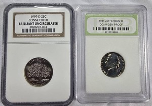 2-Coin Certified U.S. Lot  1999-D Connecticut Quarter & 1964 Jefferson Nickel Proof