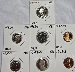 7-Coin U.S. Proof Lot  1968-S to 1982-S  Quarter, Dimes, Nickels & Lincoln Cents