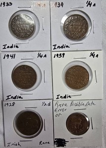 World Coin Collection  India Quarter Annas & 1928 Irish Halfpenny  6 Coins