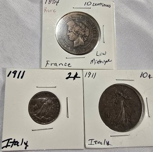 Rare Italy & France Coin Lot  1884 French 10 Centimes & 1911 Italian Coins