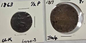 1800s European Copper Coin Lot  1863 British Halfpenny & 1817 Italian 8 Tornesi