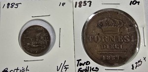 1857 Italian 10 Tornesi & 1885 British Farthing  1800s Copper Coin Pair