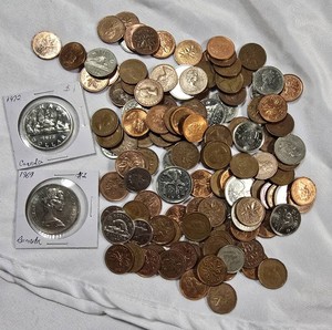 Large Canadian Coin Assortment  1969 & 1972 Dollars  Mixed Cents