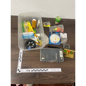 Mixed Fishing Tackle Lot with Net, Floats, Lures, Box