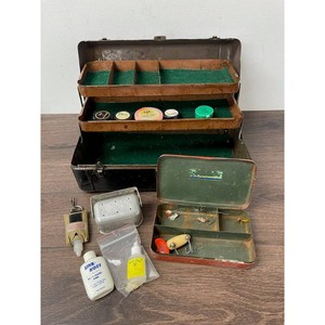 Vintage Metal Fishing Tackle Box with Lures & Fly Tins