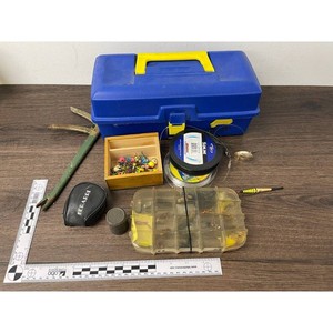 Blue Plastic Fishing Tackle Box with Lures, Line & Accessories
