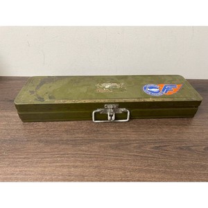 Olive Green Metal Fishing Tackle Box with Tools and Spools