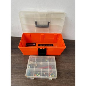 Orange Plastic Fishing Tackle Box with Jig Assortment