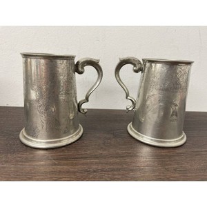 Silver Plate Engraved Tankard Mugs with Scroll Handles, 2 Pieces