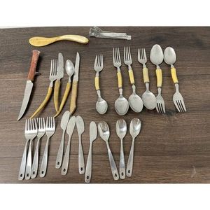 Mixed Metal Flatware Set, Wood-Handled Knives