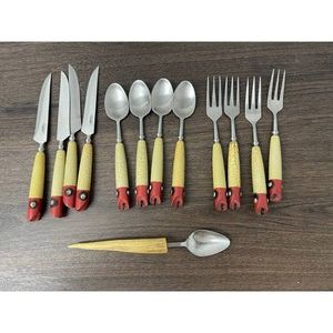 Yellow Red Bone-Style Handle Flatware Set 13 Pieces