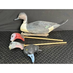 Vintage Painted Wood Duck Decoy Set with Heads and Stake