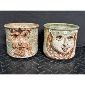 John C. Pottery Stoneware Face Mugs Set of 2