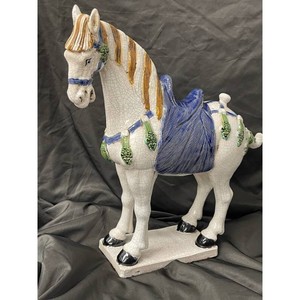 White Ceramic Horse Figurine with Blue Saddle, 1 Pc