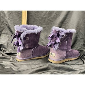 UGG Purple Suede Sheepskin Boots with Satin Bows, Size 5