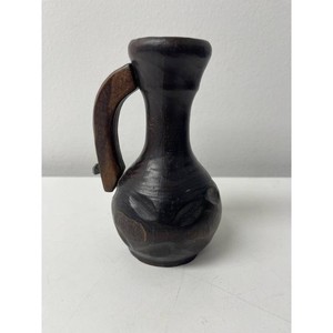 Dark Wood Hand-Carved Mini Pitcher Vase with Handle