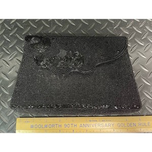Black Beaded Clutch Purse with Floral Top Flap
